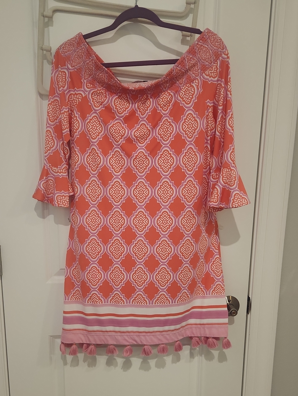 Cabana Life Orange and Pink Patterned Off-Shoulder Midi Dress with Tassel Hem